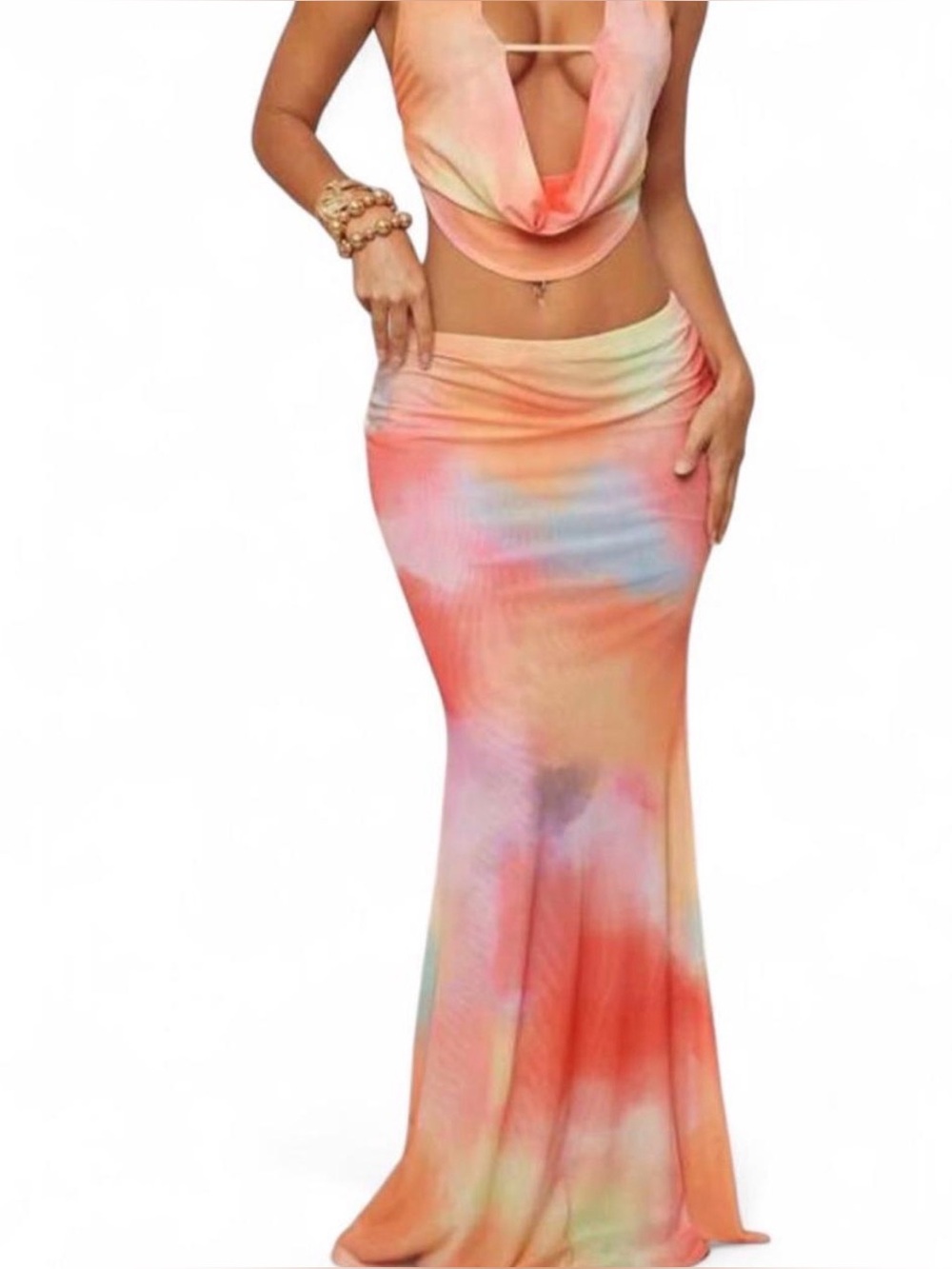 Tie-Dye Orange Pink Pastel Cowl Neck Two-Piece Maxi Set